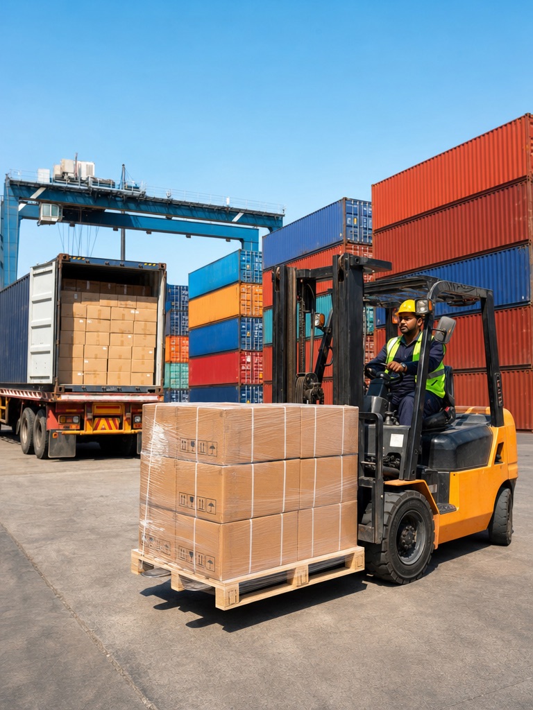 Export cartons being loaded at an Indian shipping terminal