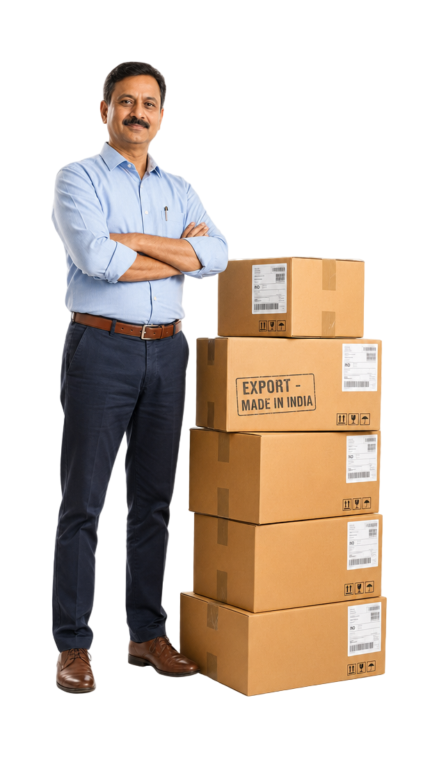Indian manufacturer standing beside export-ready cartons