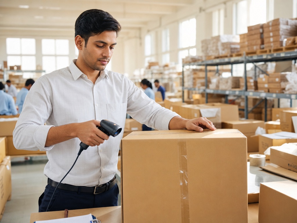Quality inspector scanning an export carton in a bright warehouse