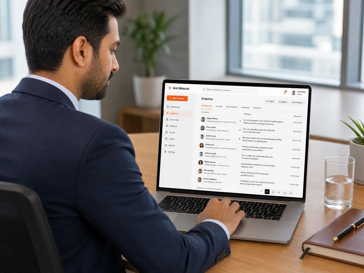 Reseller reviewing buyer enquiries on a laptop in the office